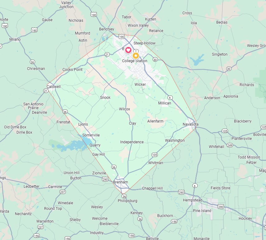 Map showing Brazos County, Texas, and surrounding areas, highlighting cities such as College Station, Bryan, Navasota, Brenham, and major connecting roads.