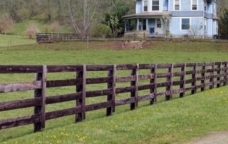 A wooden fence runs along a grassy yard with a large blue house and trees in the background.