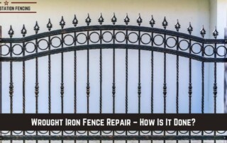 Wrought iron fence with decorative elements and vertical bars, accompanied by a banner that reads, Wrought Iron Fence Repair – How Is It Done?.