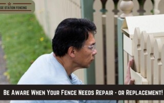 A man inspects a beige wooden fence and mailbox, with a text banner reading, Be Aware When Your Fence Needs Repair - Or Replacement!.