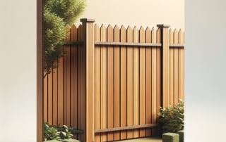 A wooden fence with vertical planks, supported by posts, stands beside trimmed shrubs and small trees on a sandy ground.