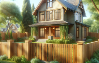 A two-story wooden house with large windows, a front porch, and a well-kept yard, surrounded by a wooden fence and trees on a sunny day.