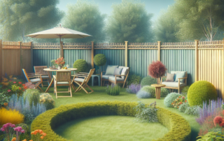 A landscaped backyard with a wooden fence, outdoor dining set, umbrella, and circular hedge, featuring text: The 5 Best Fence Styles for Ultimate Backyard Privacy.