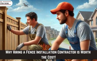 Two workers in overalls install a wooden fence in front of suburban houses, with text emphasizing the value of hiring a fence installation contractor.