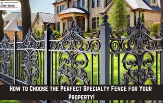 Decorative wrought iron fence in front of a large brick house with manicured lawn, accompanied by text about choosing a specialty fence.