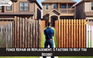 A man stands in front of three different fences in front of suburban homes. Text on image: Fence Repair or Replacement: 5 Factors to Help You Decide!.