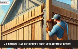 Two workers are installing a wooden fence in front of a house. Text overlay reads: 7 Factors That Influence Fence Replacement Costs!.