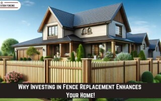 A two-story house with a new wooden fence and landscaped yard; text overlay promotes the benefits of fence replacement for home improvement.