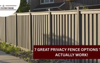 A tall, solid panel privacy fence lines a sidewalk with landscaping rocks at the base; a banner reads, 7 Great Privacy Fence Options That Actually Work!.