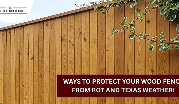 A wooden fence with green leaves overhanging, featuring a banner that reads, Ways to protect your wood fence from rot and Texas weather!.