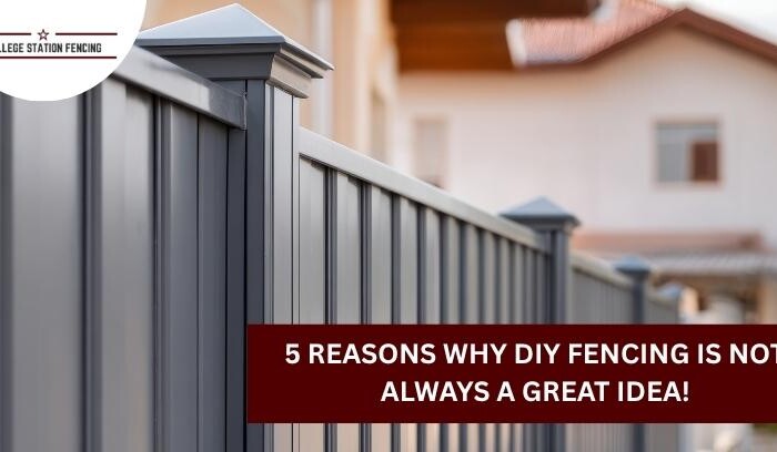 A close-up of a modern metal fence in front of a house, with text overlay that reads, 5 Reasons Why DIY Fencing Is Not Always a Great Idea!.