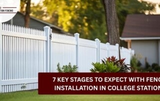 White vinyl fence installed in a residential yard in College Station, Texas.