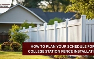 White vinyl fence with decorative caps in a residential yard in Bryan, Texas.