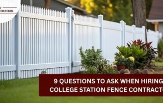 White vinyl fence with decorative caps in a residential yard in Bryan, Texas.